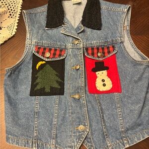 Upcycled Festive Denim Vest with Holiday Patches- Medium
